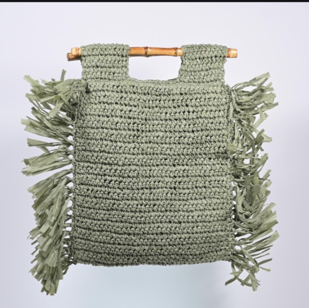 NWT Melie Bianco “Casey” Straw Tote in Green w/ Bamboo Handles & Fringe